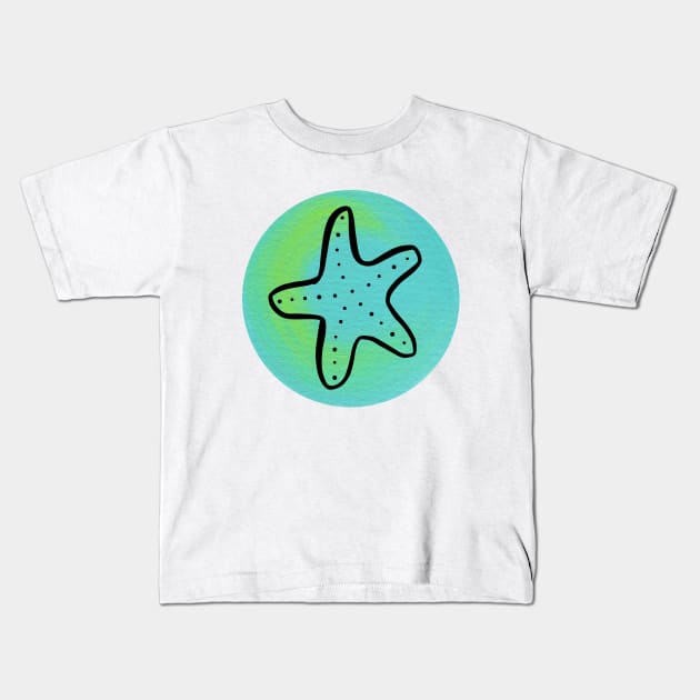 Starfish on Painted Aqua Circle Kids T-Shirt by sallycummingsdesigns